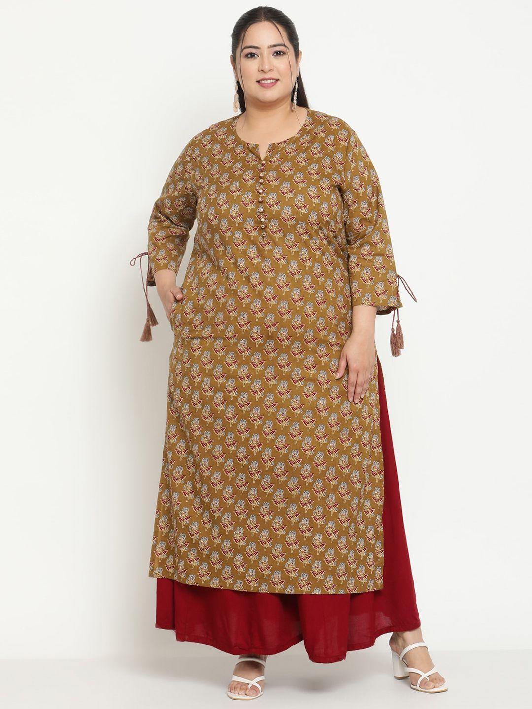 sringam plus size floral printed notched neck cotton straight regular kurta