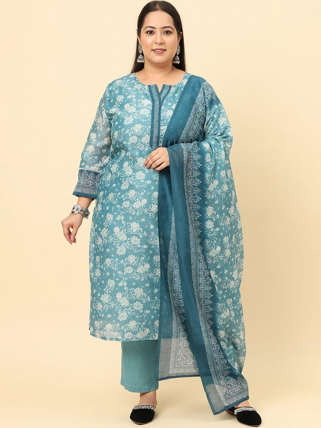 sringam plus size floral printed regular chanderi cotton kurta & trousers with dupatta