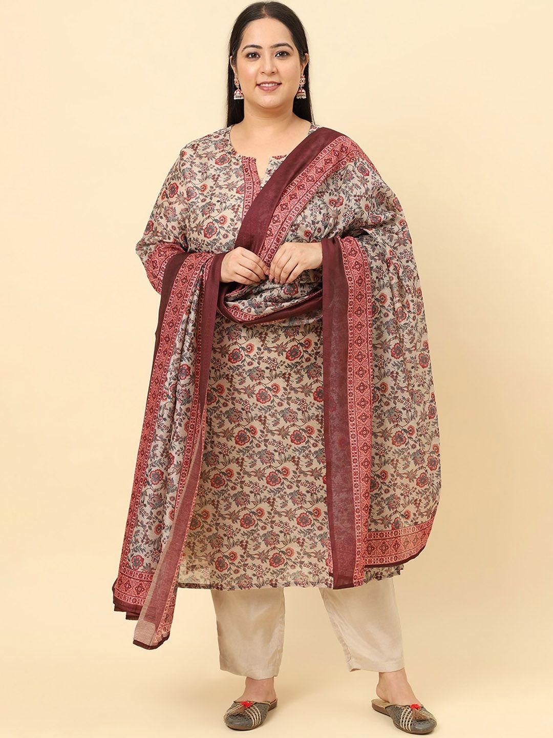 sringam plus size floral printed regular chanderi cotton kurta & trousers with dupatta