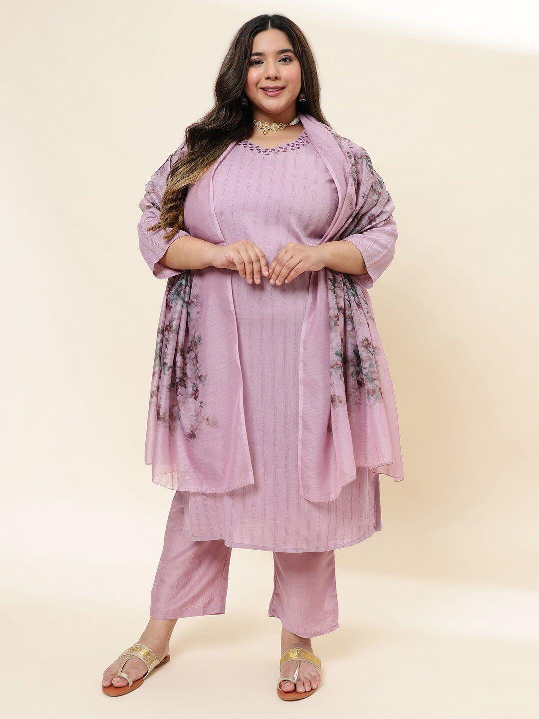 sringam plus size striped straight kurta with trousers & with dupatta