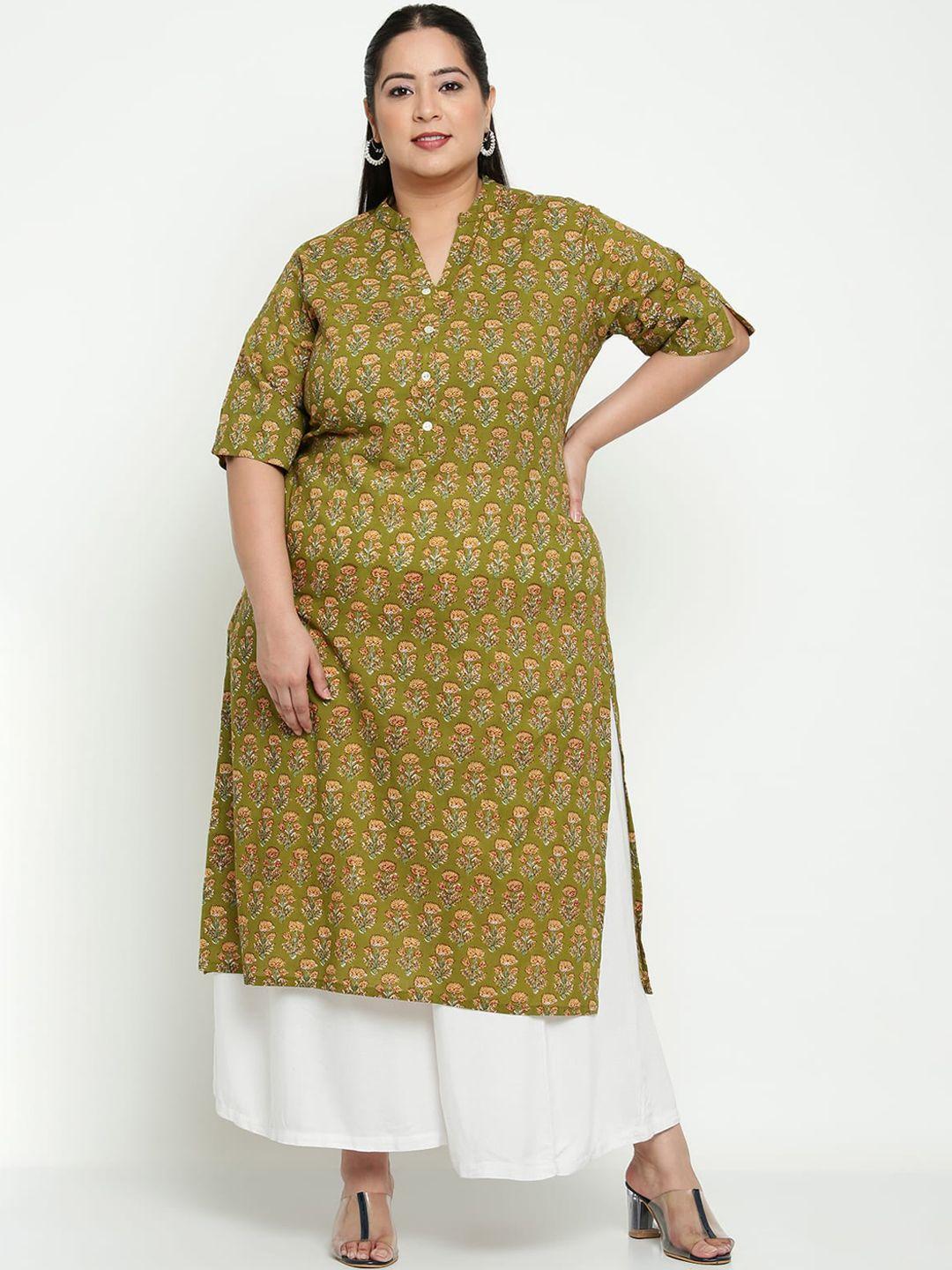 sringam plus size women green & yellow printed kurta