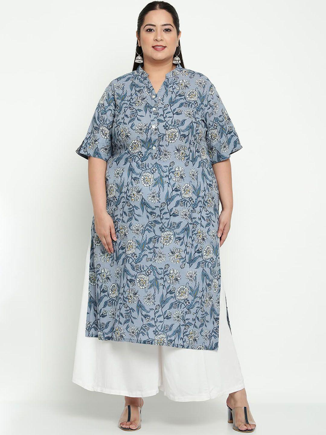 sringam plus size women grey & white printed kurta