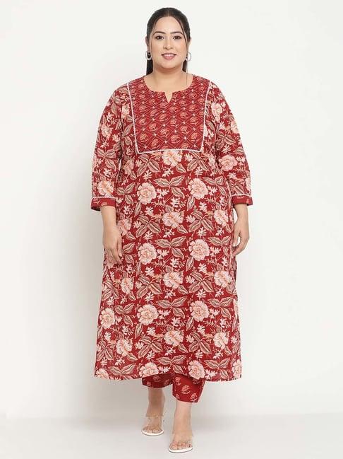 sringam red cotton floral print kurta pant set