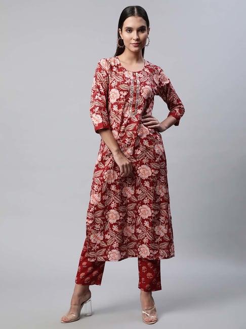 sringam red cotton floral print kurta pant set