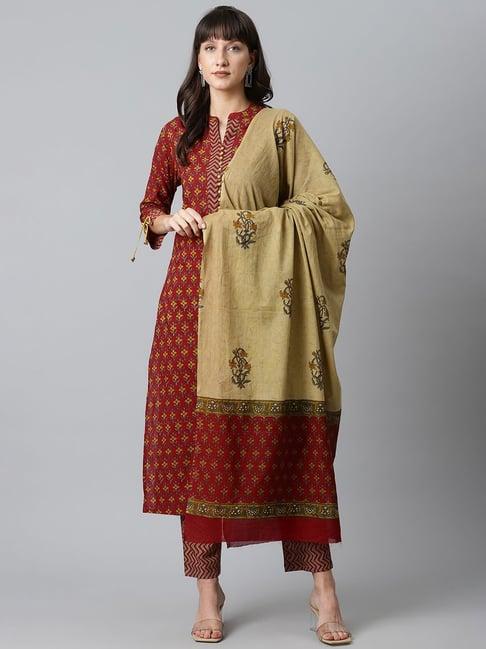 sringam red cotton printed kurta pant set with dupatta