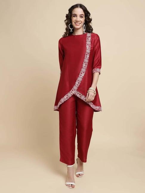 sringam red embroidered kurti pant set