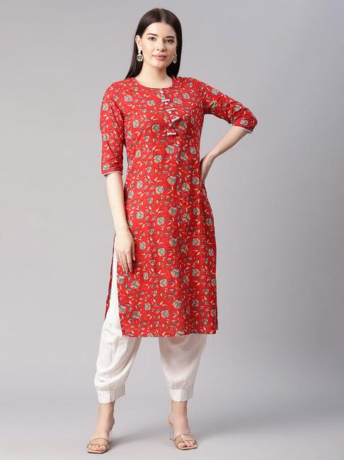 sringam red printed round neck kurta