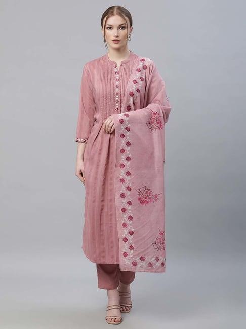 sringam rose pink embroidered kurta pant set with dupatta