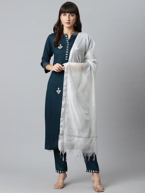 sringam teal blue embroidered kurta pant set with dupatta