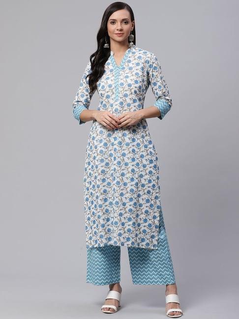 sringam white & blue cotton printed kurta palazzo set