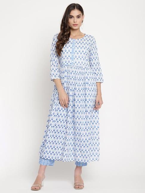 sringam white & blue printed kurta pant set