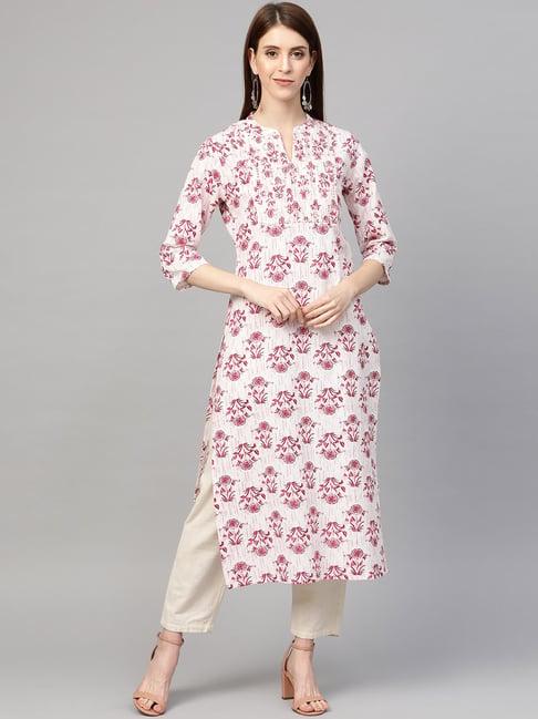 sringam white & purple cotton embellished straight kurta