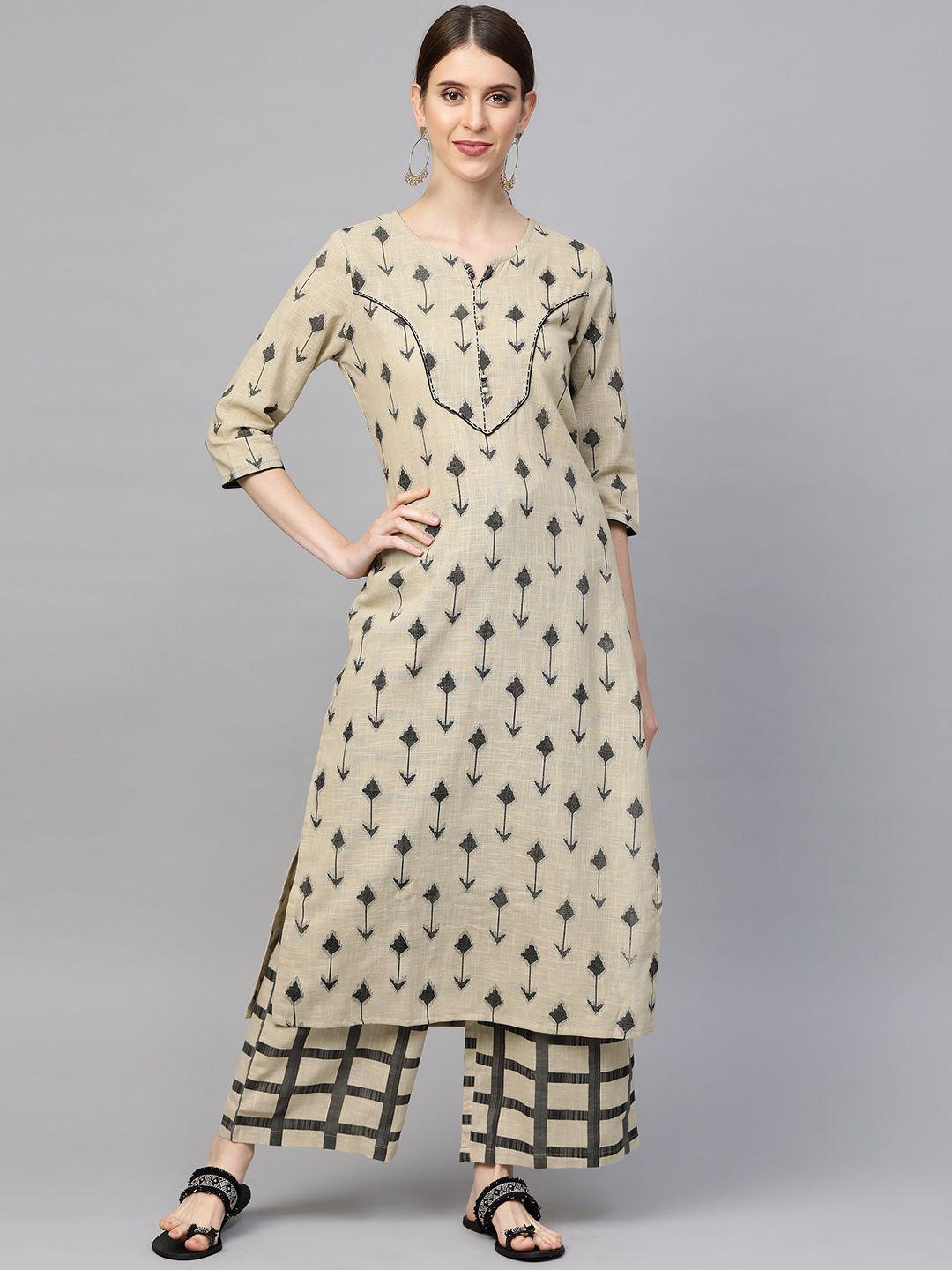 sringam women beige & black printed kurta with trousers