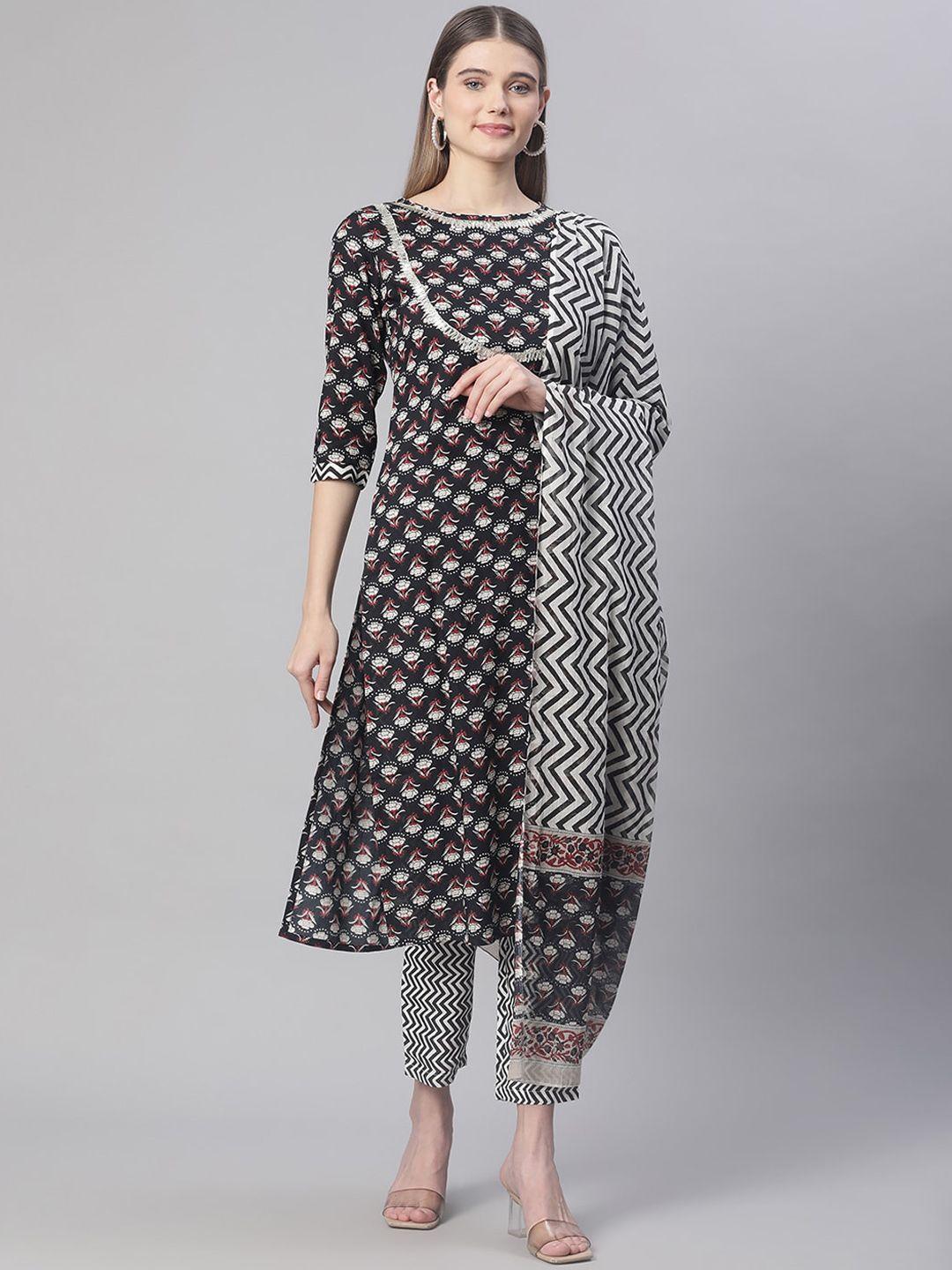 sringam women black floral printed kurta with trousers & with dupatta