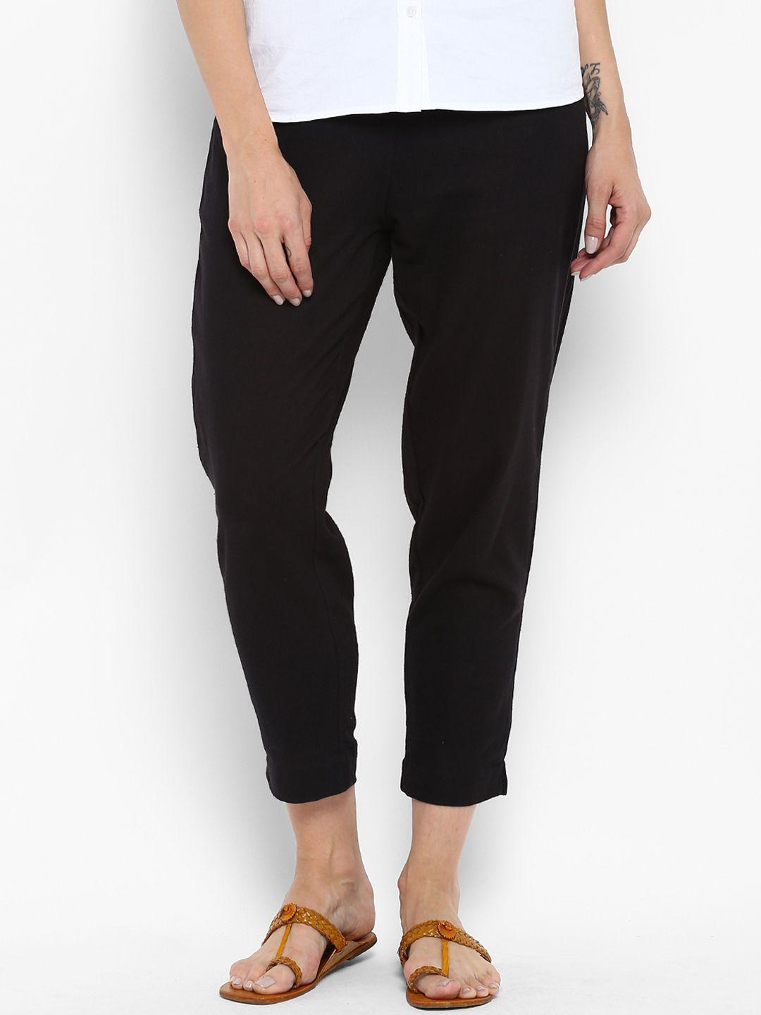 sringam women black solid cropped trousers