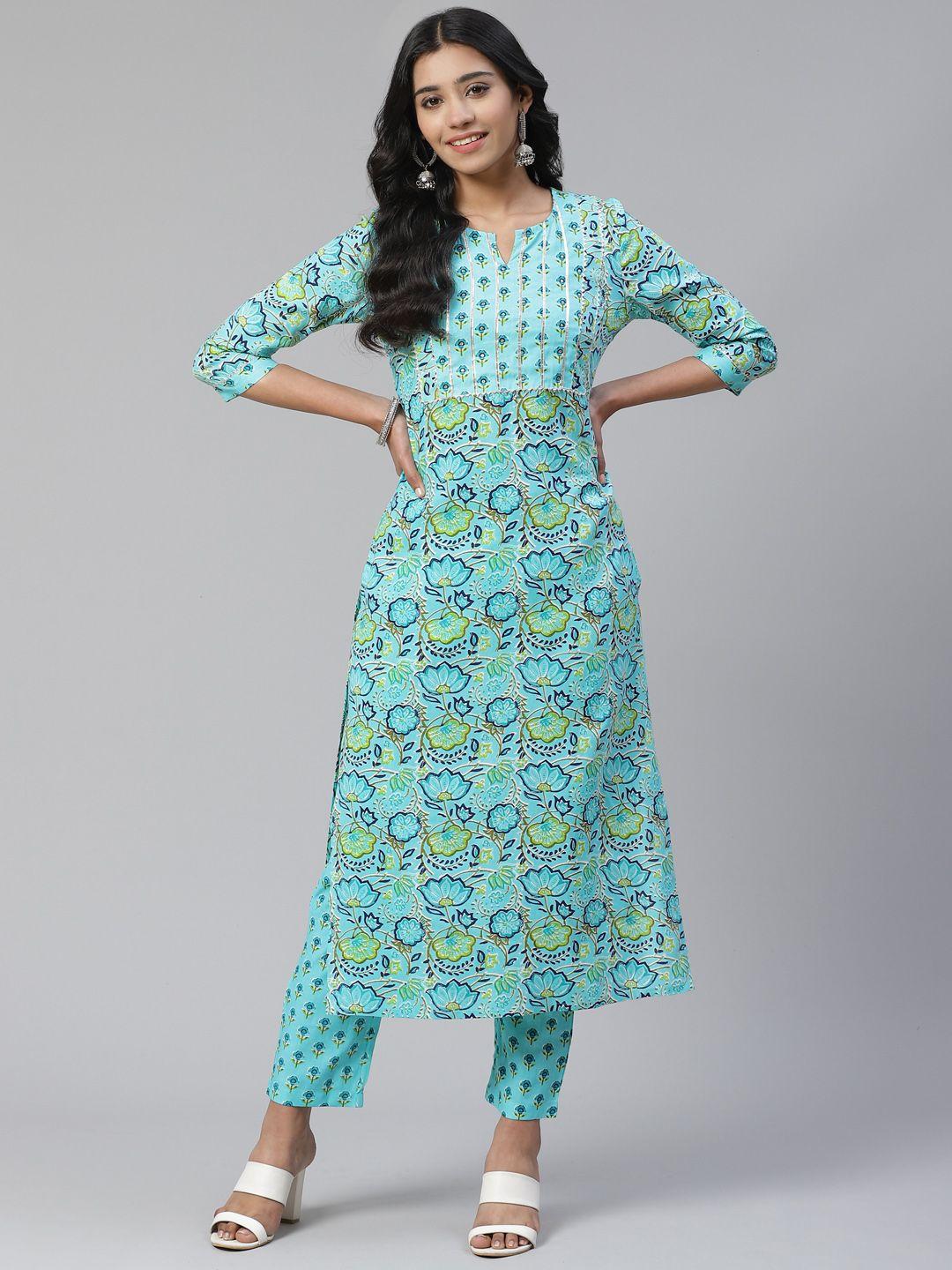 sringam women blue & green printed kurta with trousers