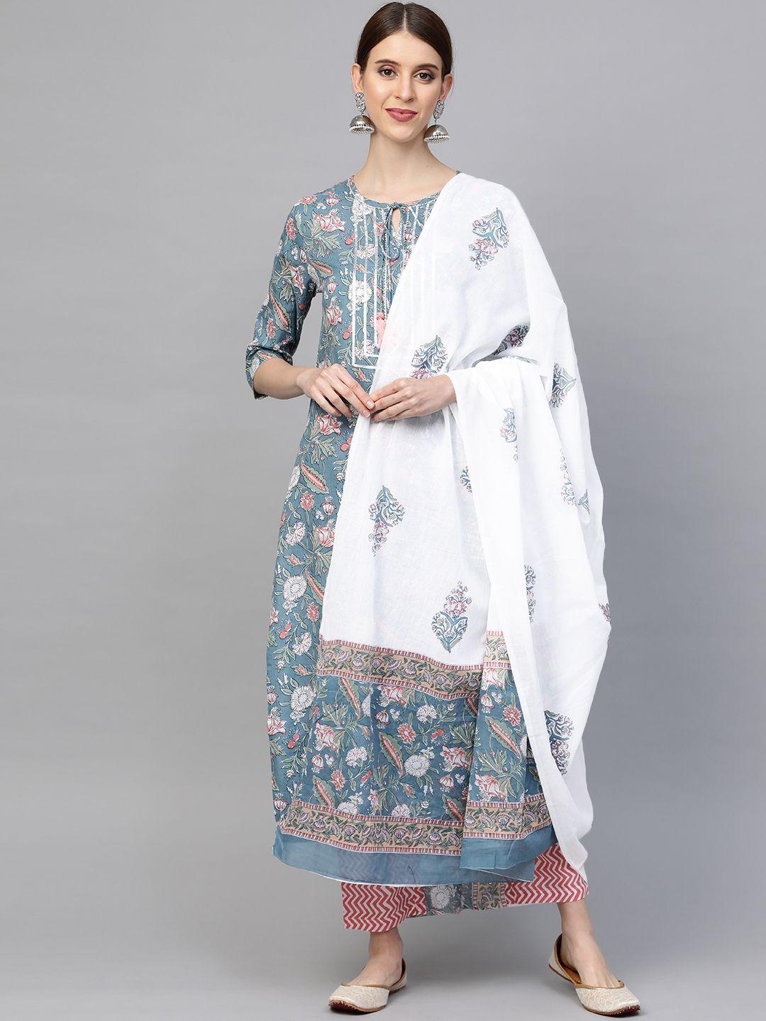 sringam women blue & pink printed kurta with trousers & dupatta