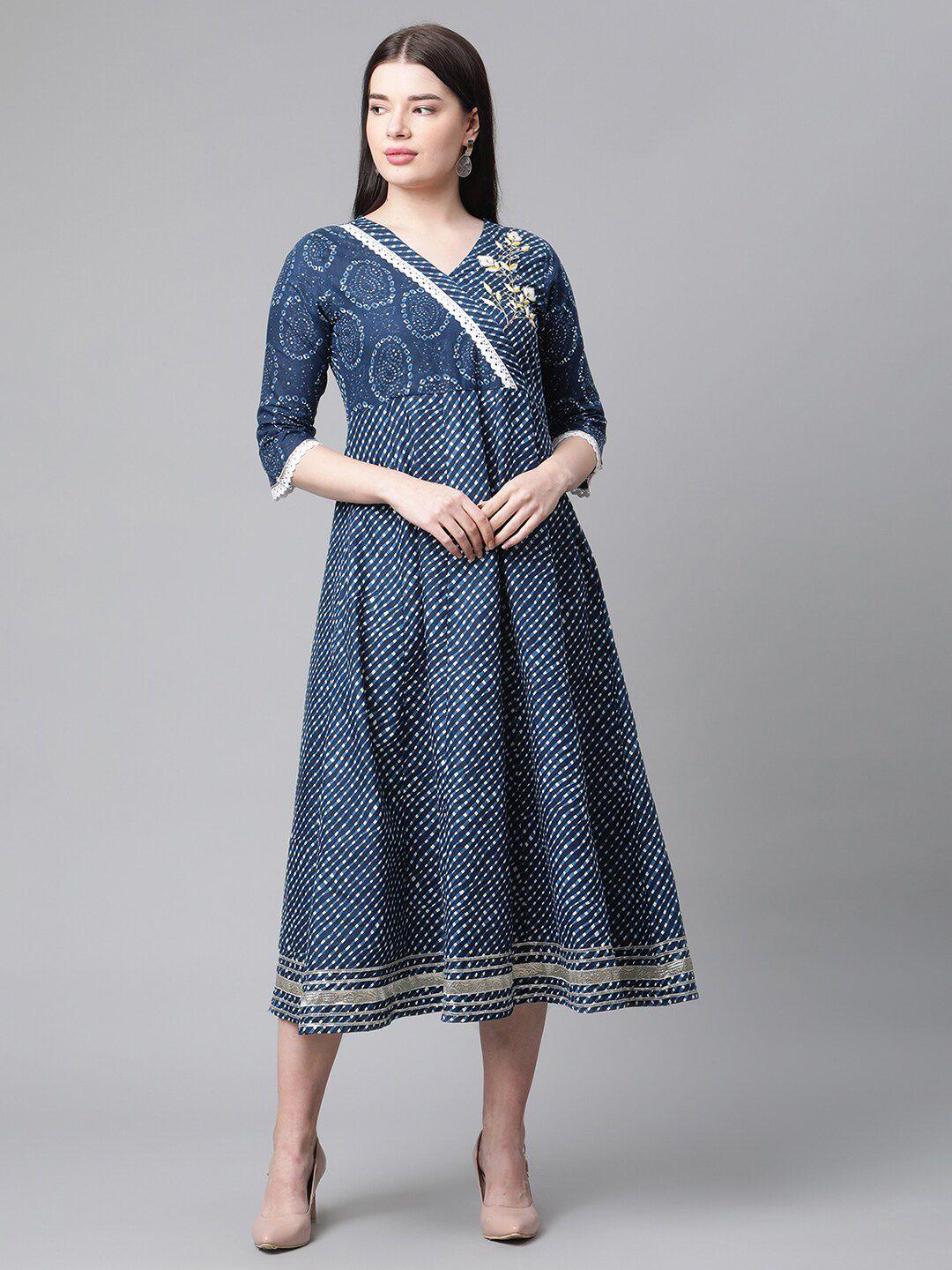 sringam women blue ethnic motifs cotton midi wrap dress