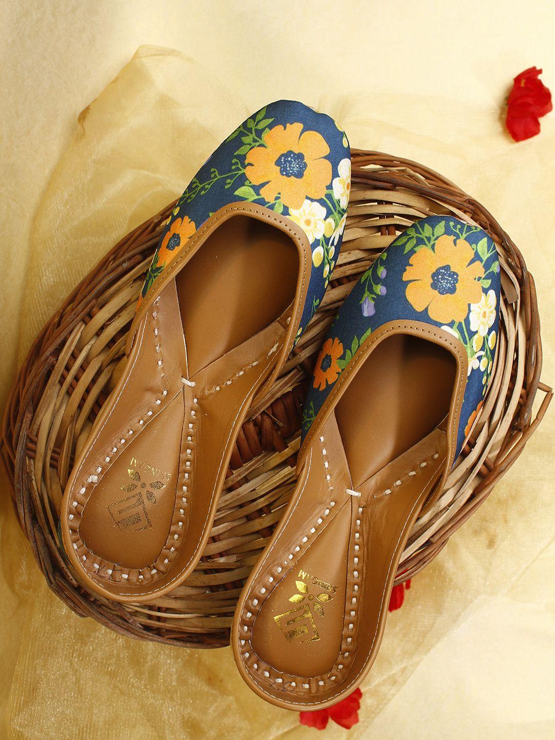 sringam women blue printed leather ethnic mojaris flats