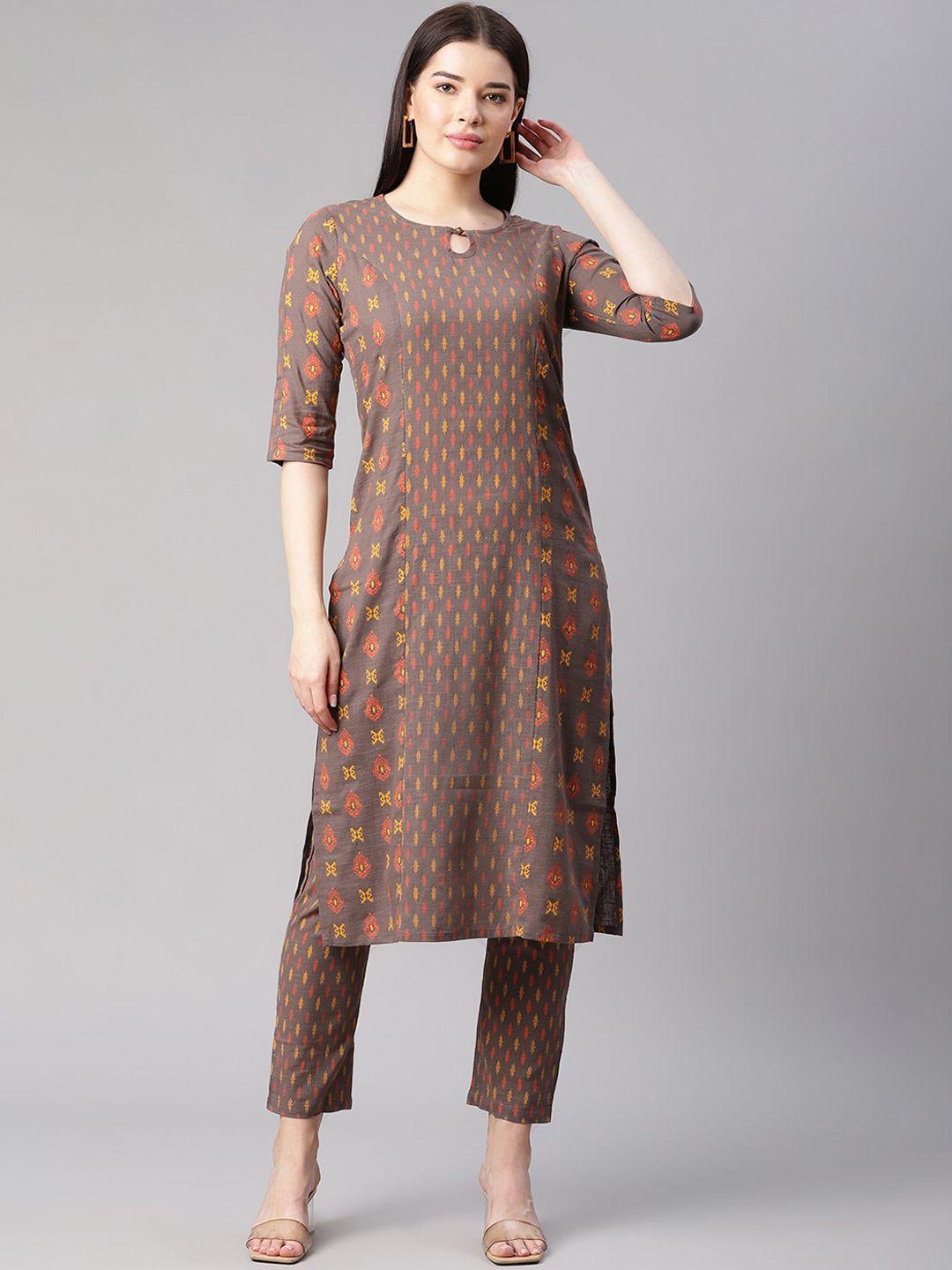 sringam women brown printed panelled pure cotton kurta with trousers