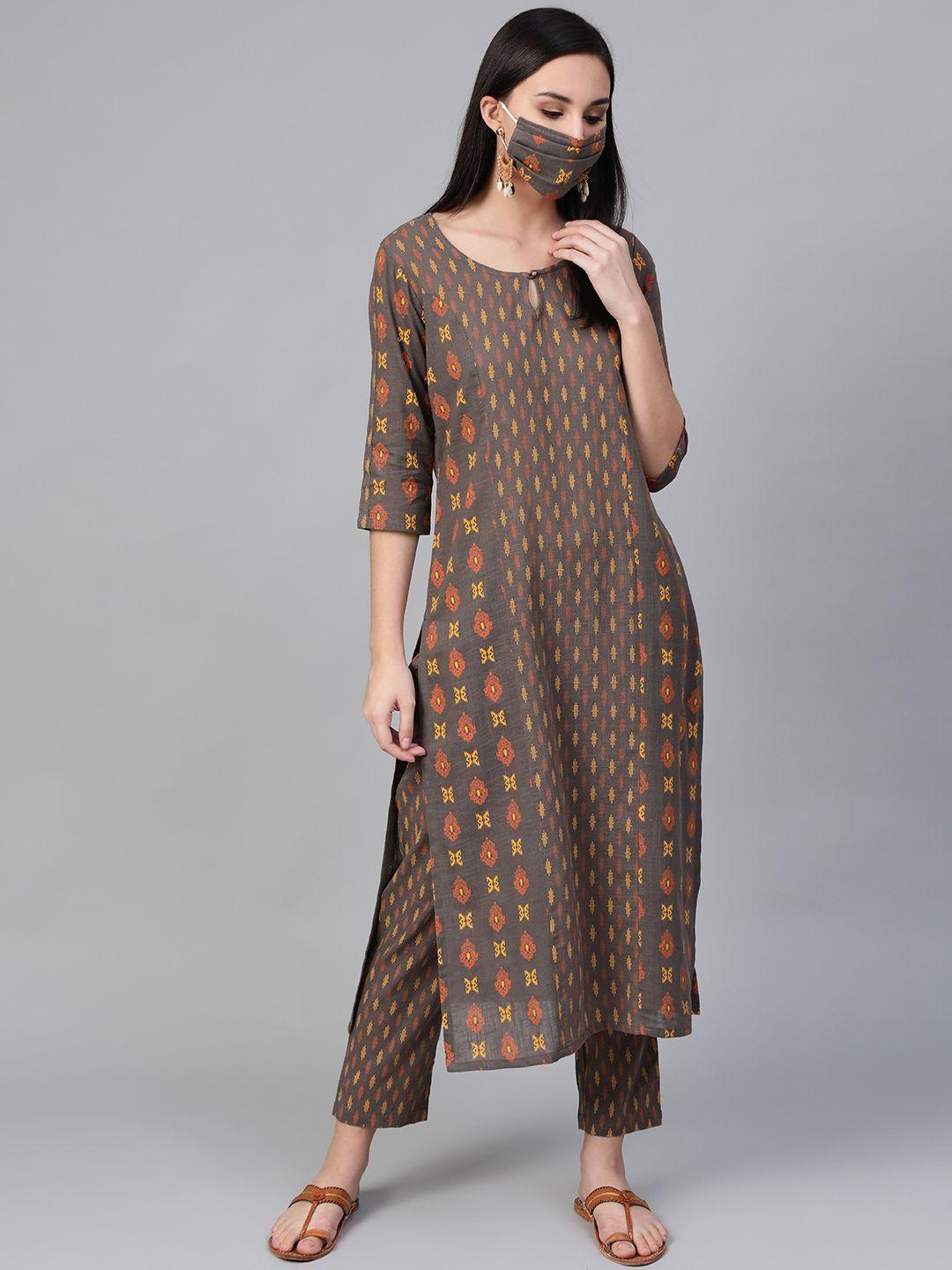 sringam women charcoal grey  mustard yellow printed kurta with trousers