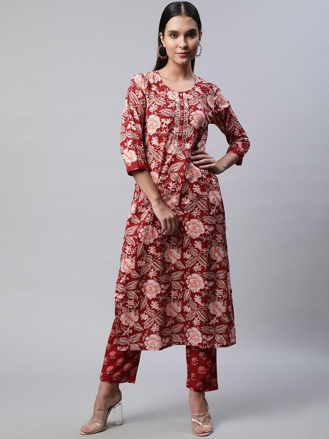 sringam women floral printed pure cotton kurta with trousers