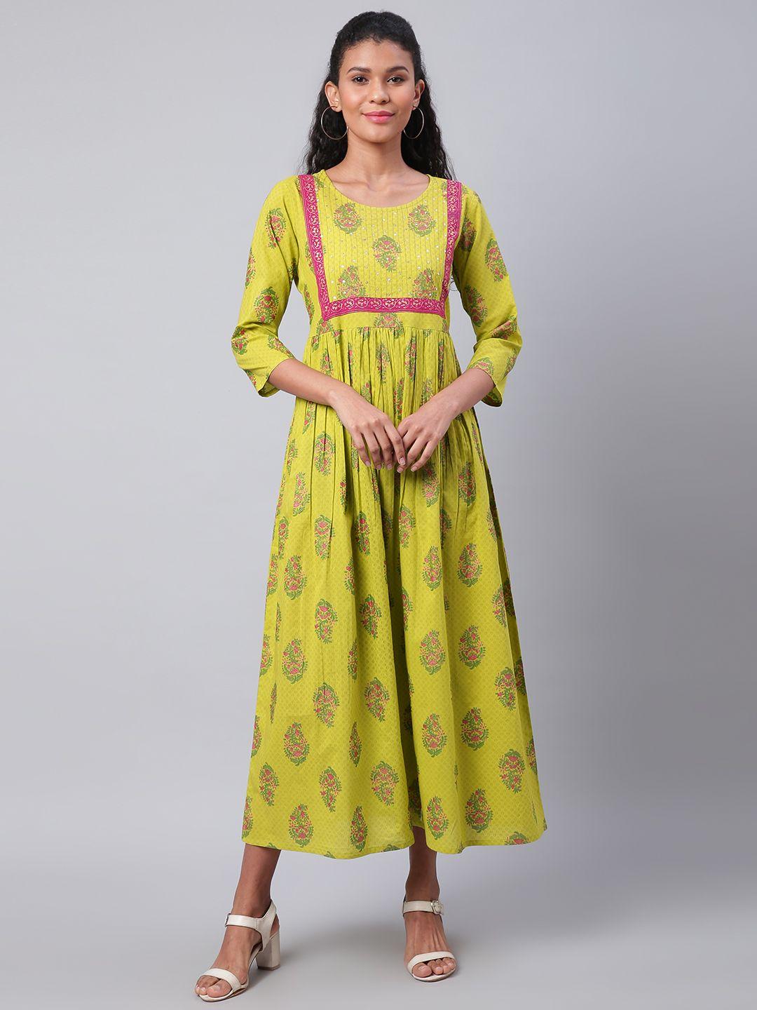 sringam women green & pink printed maxi dress