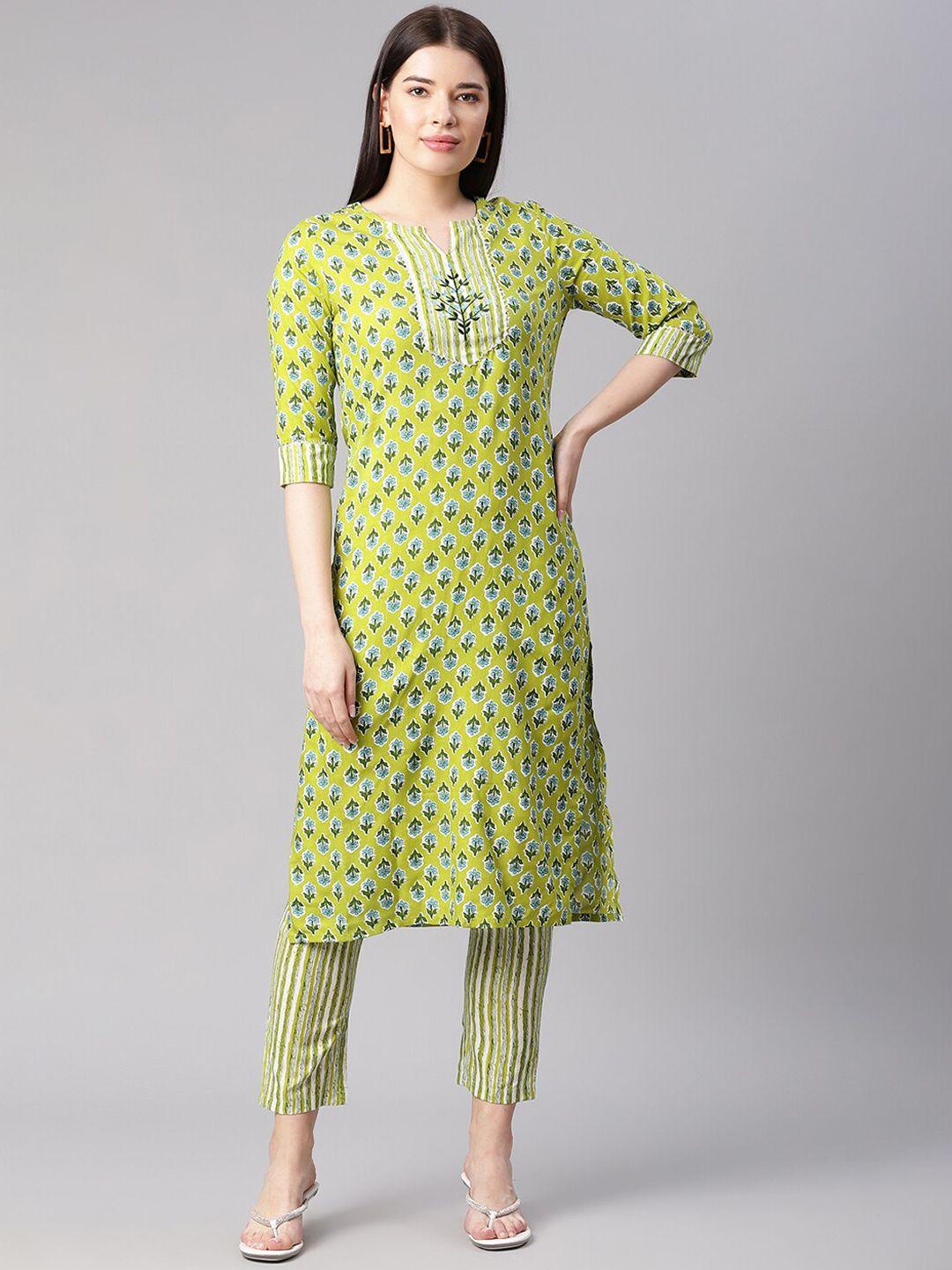 sringam women green ethnic motifs printed kurta with trousers