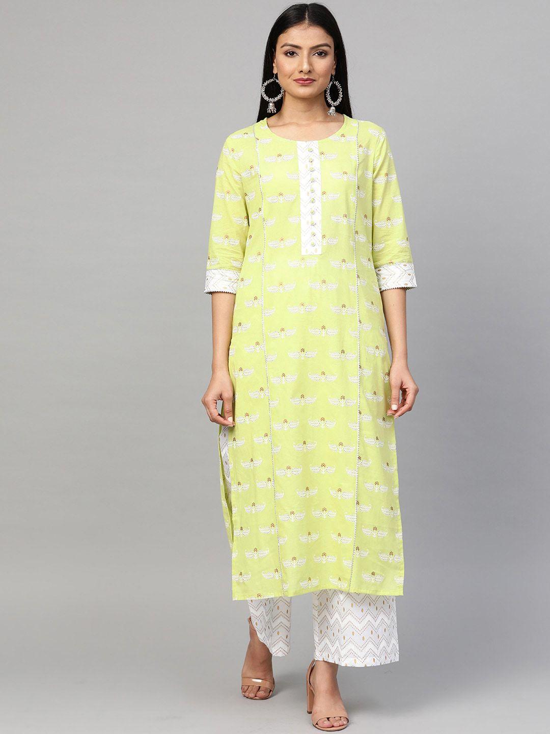 sringam women green ethnic motifs printed panelled pure cotton kurta with palazzos