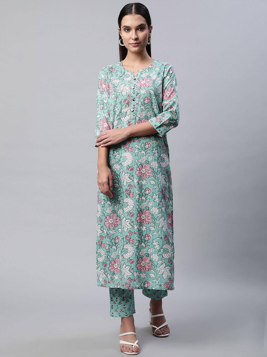 sringam women green floral printed regular mirror work pure cotton kurta with trousers