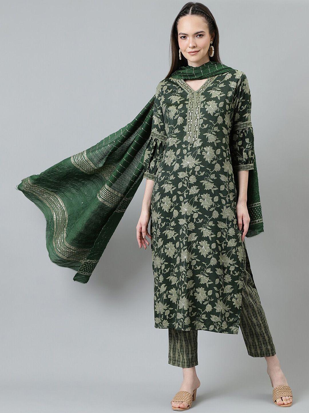 sringam women green floral printed regular sequinned kurta with trousers & with dupatta