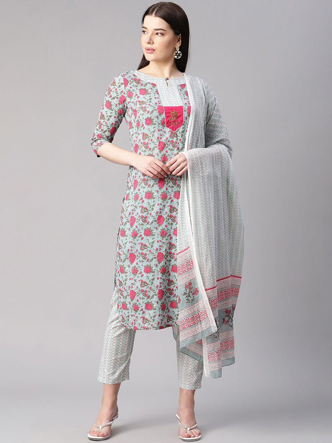 sringam women grey floral printed pure cotton kurta with trousers & dupatta
