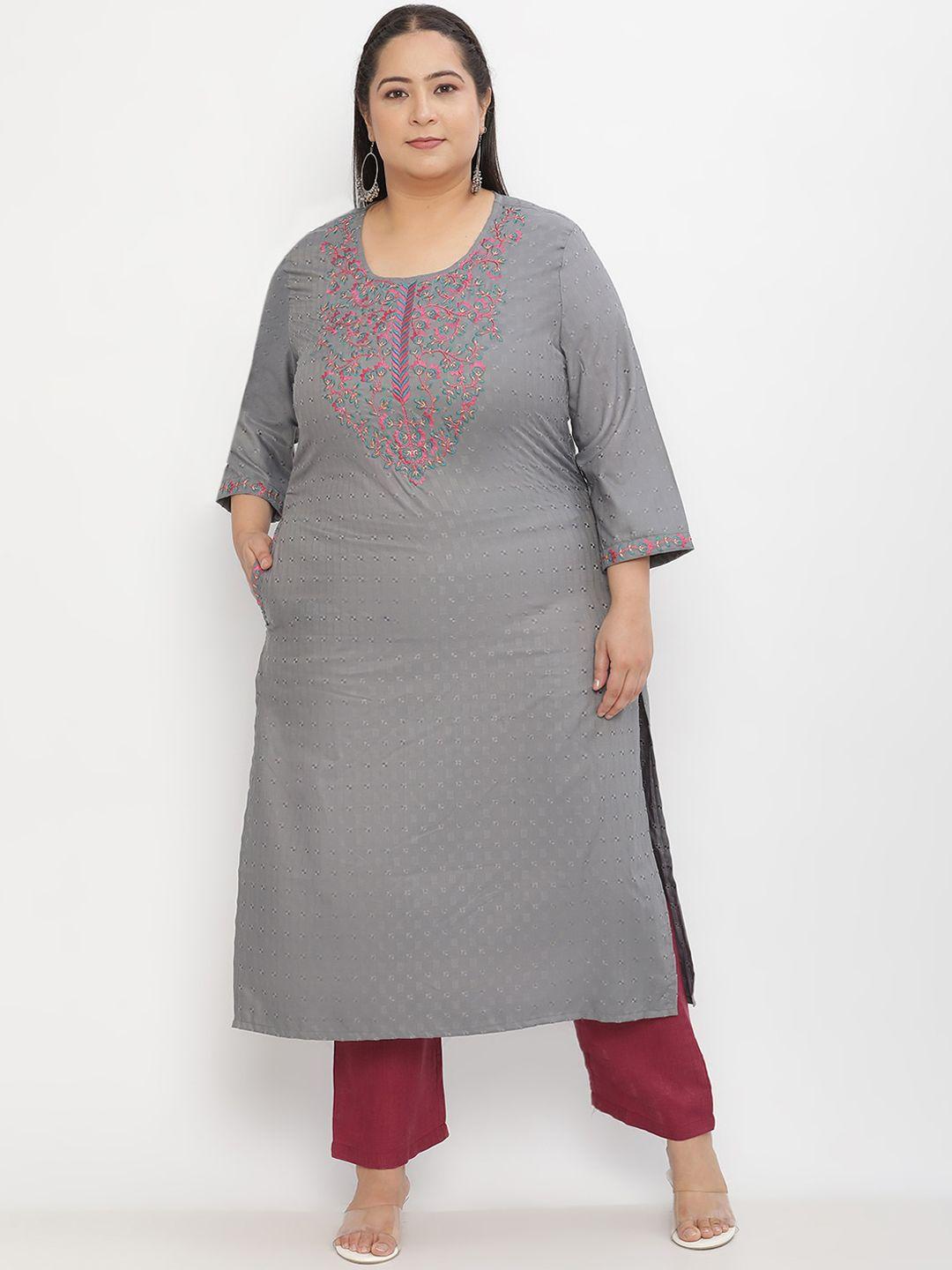 sringam women grey geometric embroidered keyhole neck flared sleeves thread work kurta