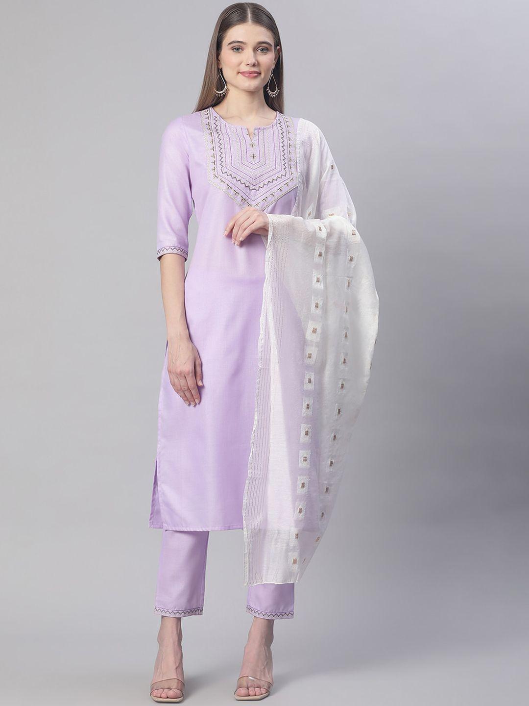 sringam women lavender yoke design pure cotton kurta with trousers & with dupatta