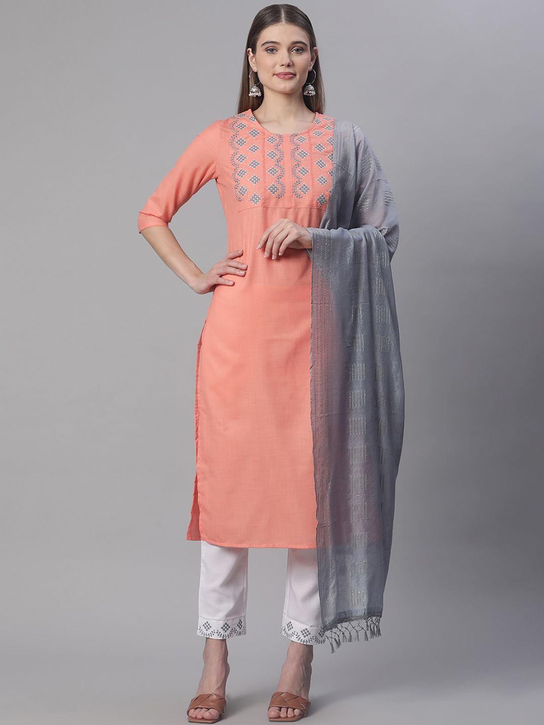 sringam women peach-coloured floral yoke design pure cotton kurta with trousers & with dupatta