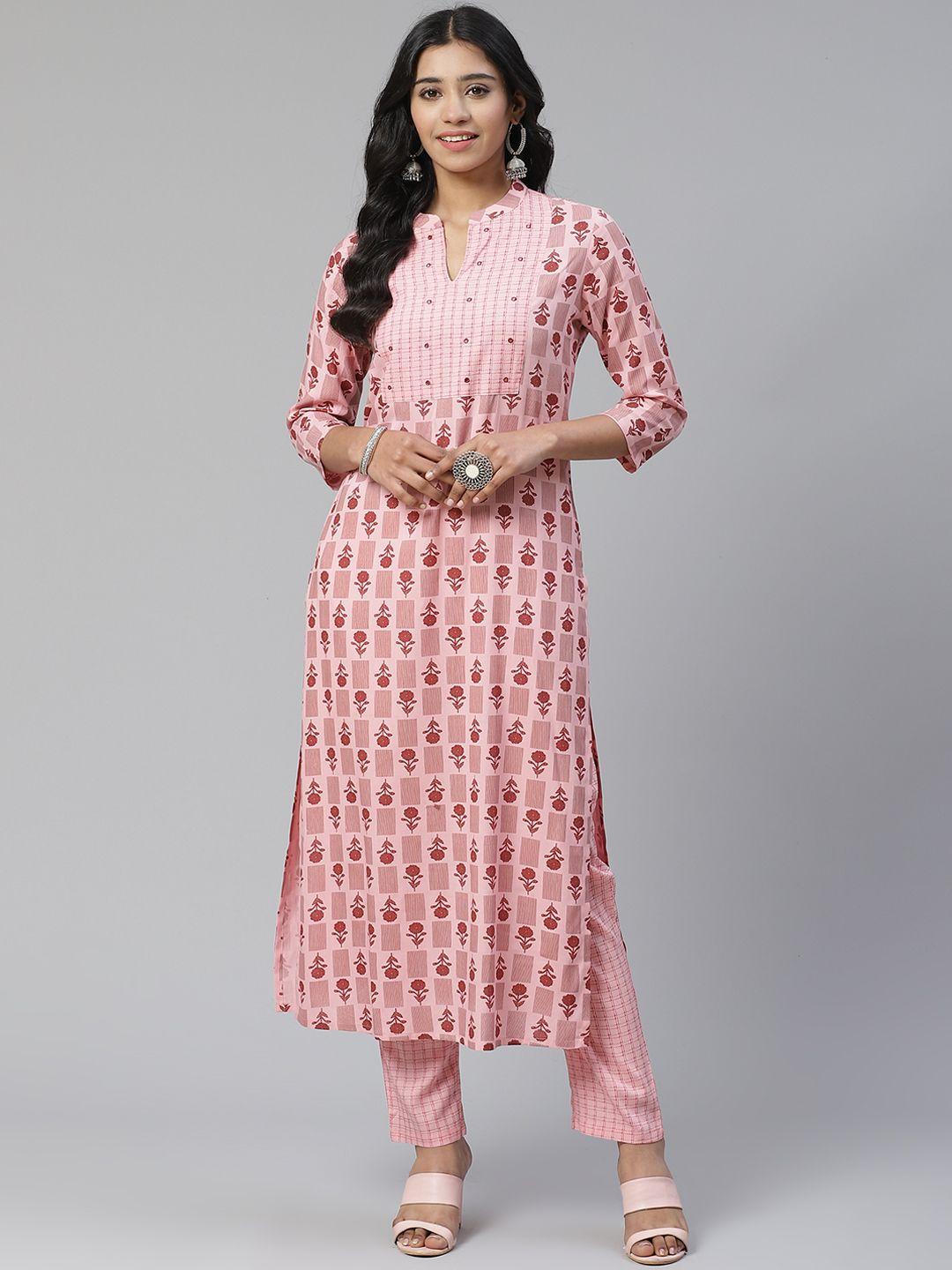 sringam women pink & maroon printed kurta with trousers