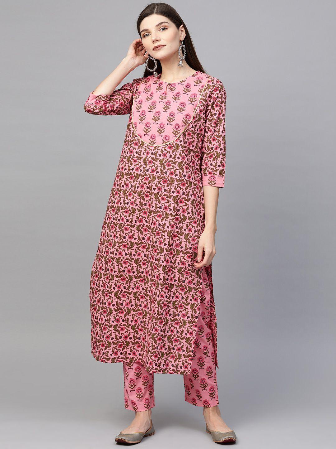 sringam women pink & olive green printed kurta with trousers