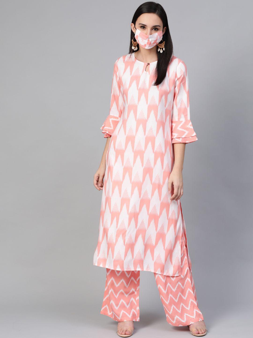 sringam women pink  off-white printed kurta with palazzos