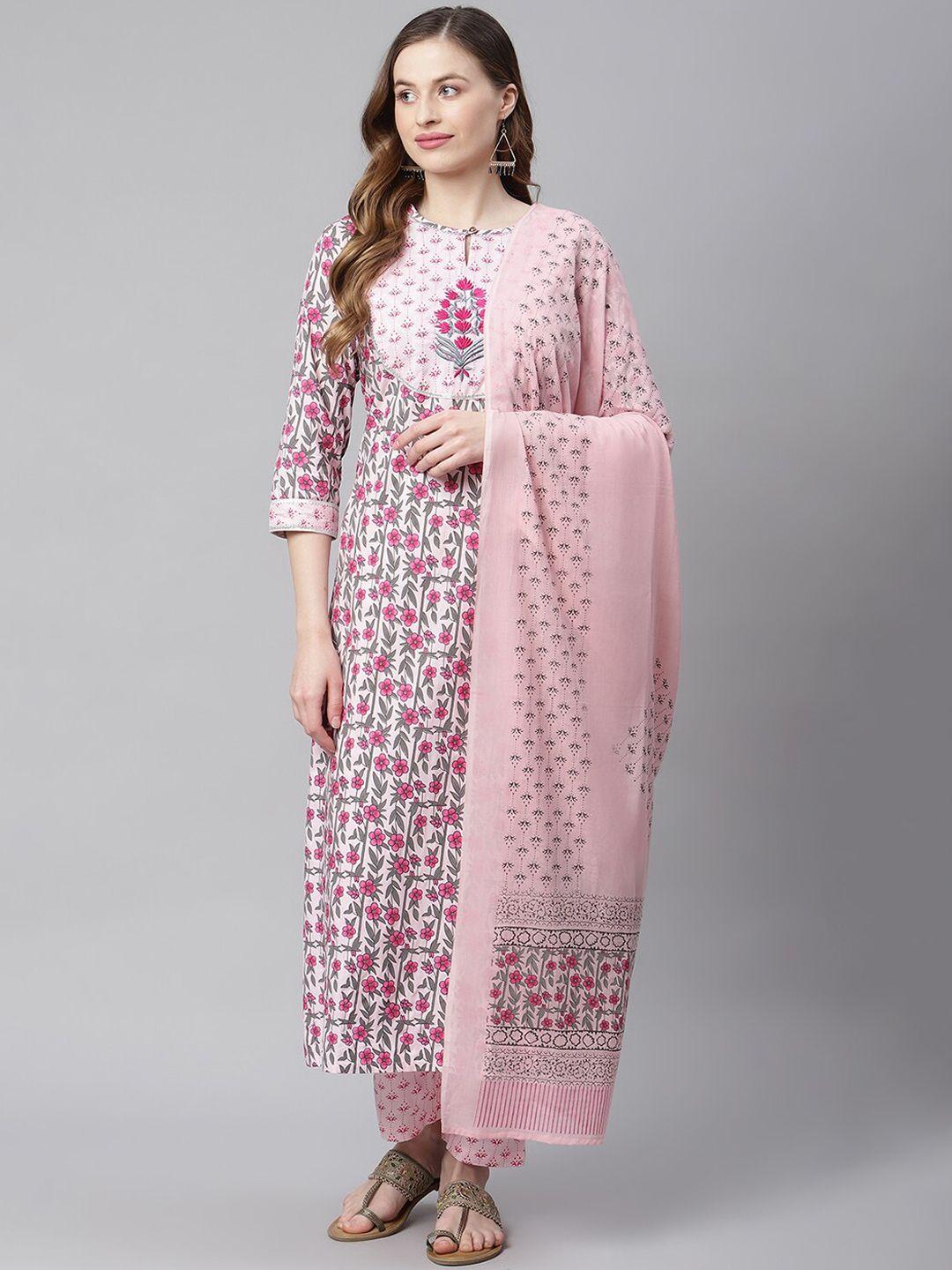 sringam women pink floral printed regular thread work kurta with trousers & with dupatta