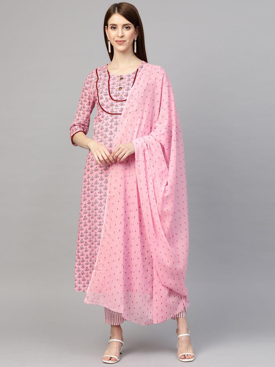 sringam women pink printed kurta with trousers & dupatta