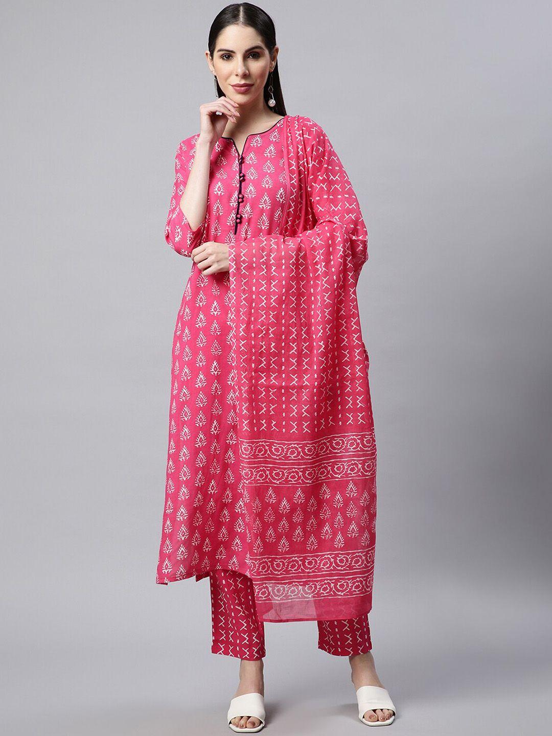 sringam women pink printed regular kurta with trousers & with dupatta