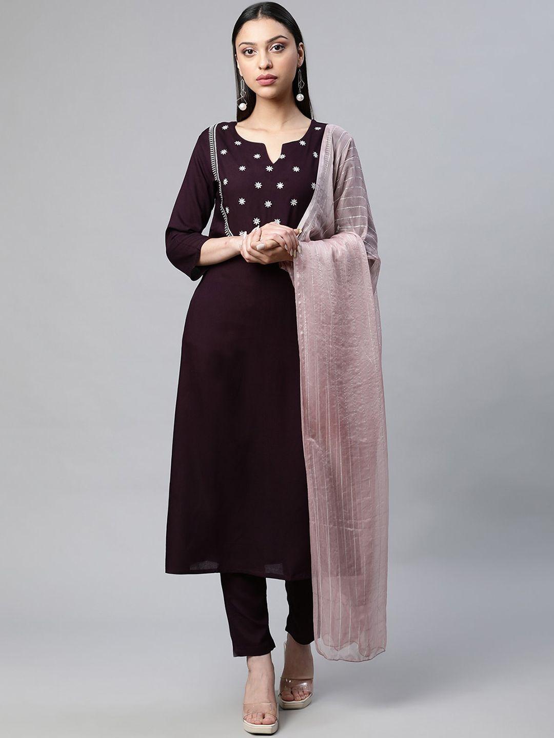 sringam women purple embroidered kurta with trousers & with dupatta