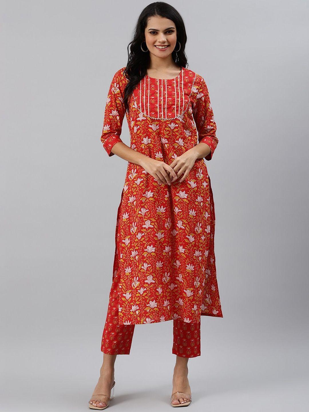 sringam women red printed kurta with trousers