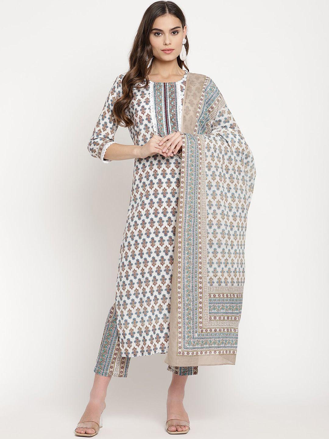 sringam women white ethnic motifs printed pure cotton kurta with trousers & dupatta