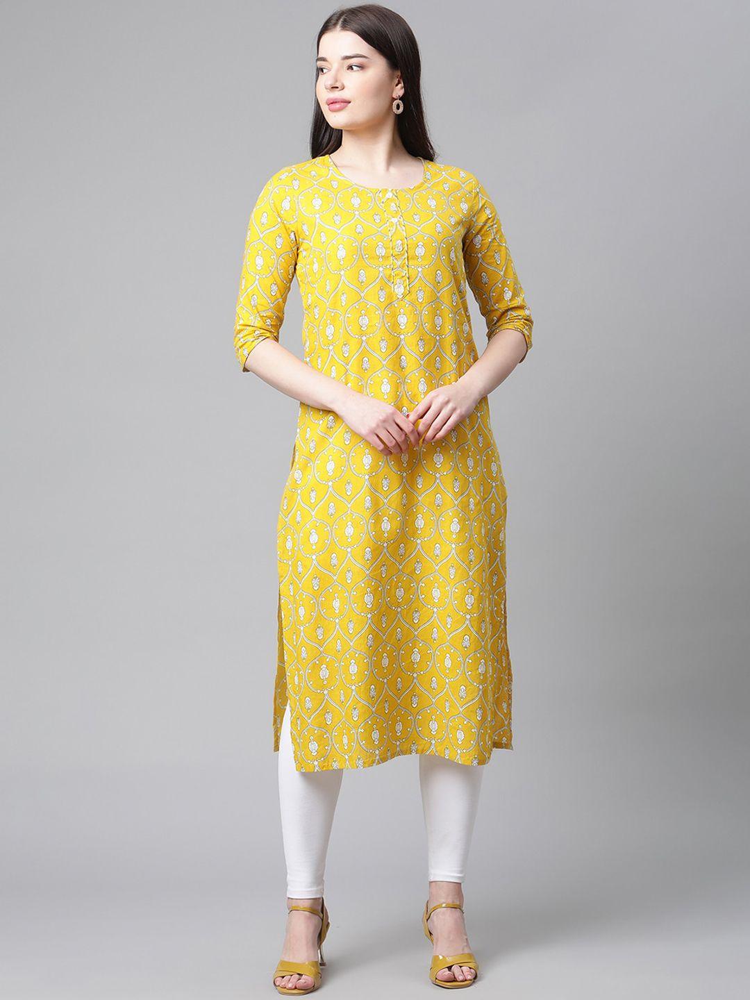 sringam women yellow & white cotton ethnic motifs screen print straight kurta
