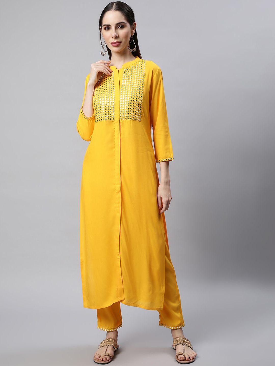 sringam women yellow ethnic motifs embroidered mirror work kurta with trousers