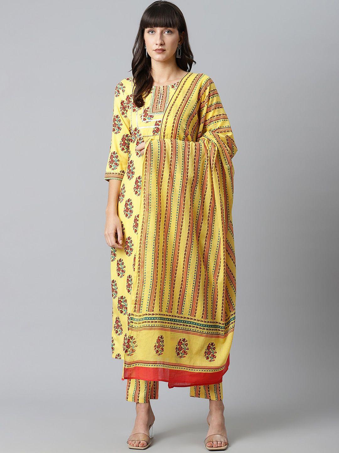 sringam women yellow ethnic motifs printed regular kurta with palazzos & dupatta
