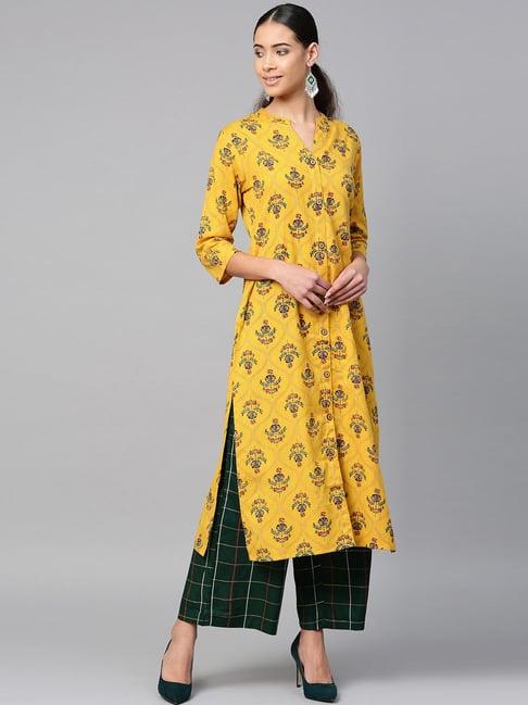 sringam yellow & green cotton printed kurta palazzo set