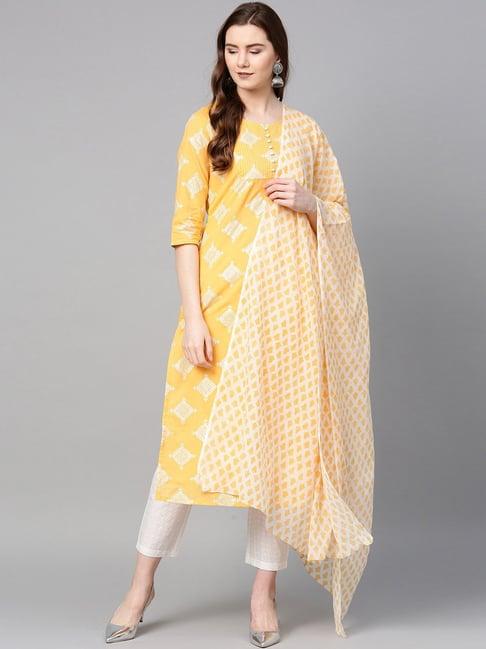 sringam yellow & white cotton printed kurta pant set with dupatta