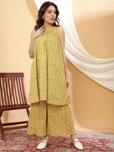 sringam yellow cotton printed kurta palazzo set